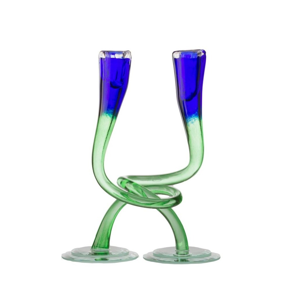 Hudson Glass Spiral Art Glass Candle Holder Set Blue Green Modern Decor Vintage
